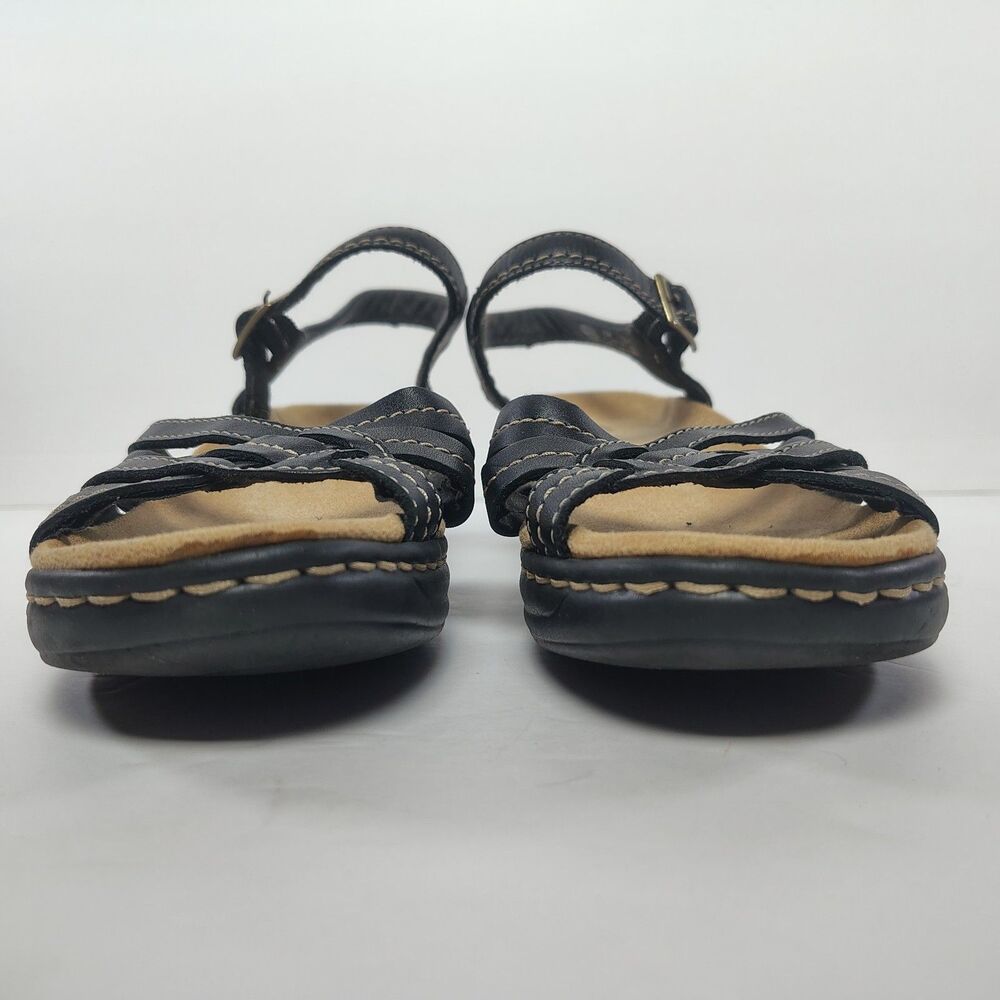 Clarks Bendables Womens 8.5M Black Leather Strappy Wedge Sandals Ankle Straps - Picture 6 of 11